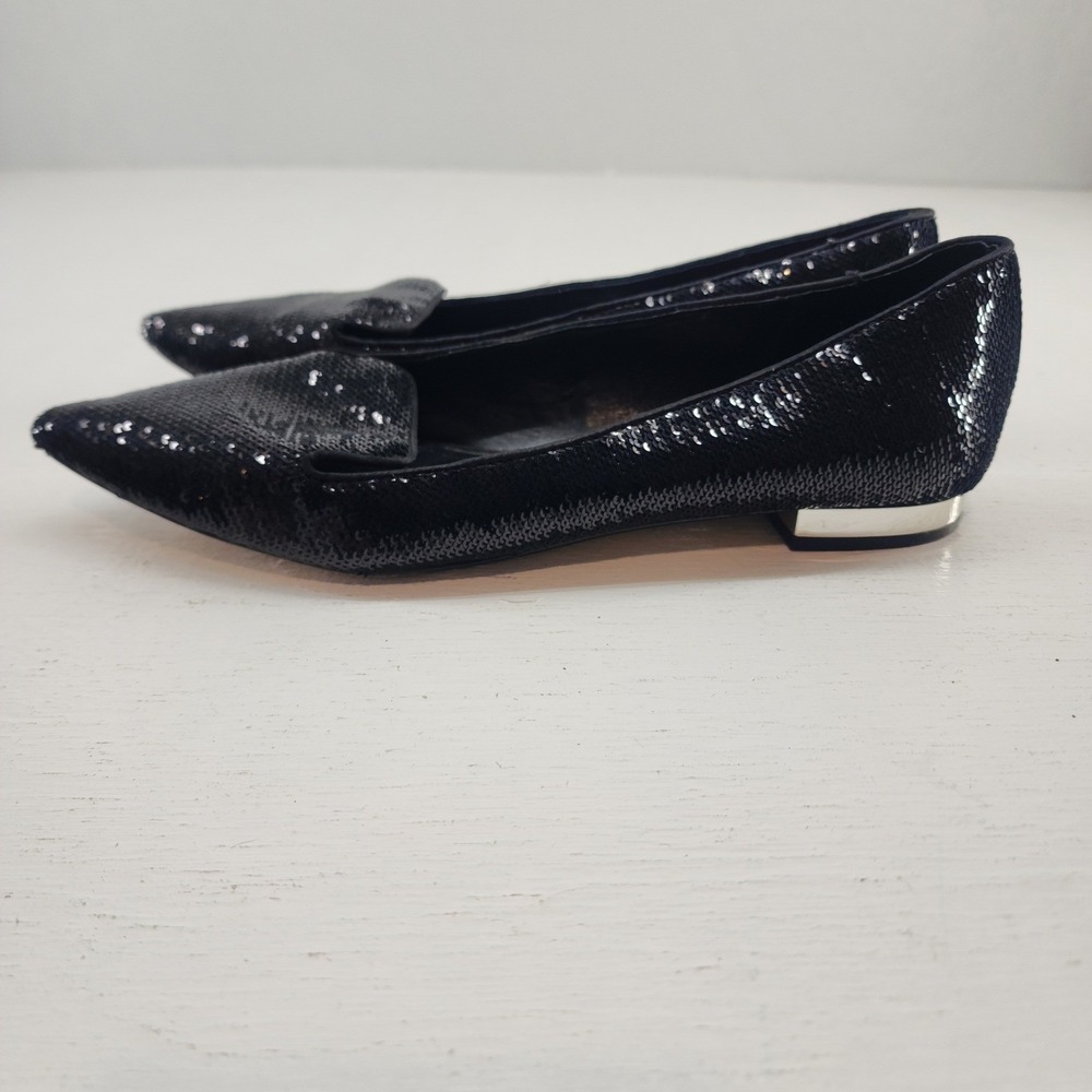 WHBM 8.5M | Starla Black Sequin Pointed Toe Smoking Loafers Flats Shoes Glam - Picture 4 of 7